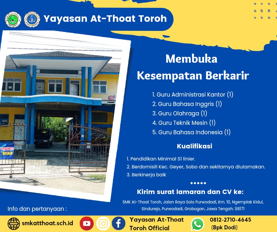 Lowongan Guru Administrasi Kantor, Bahasa Inggris, Olahraga, Teknik Mesin, dan Bahasa Indonesia